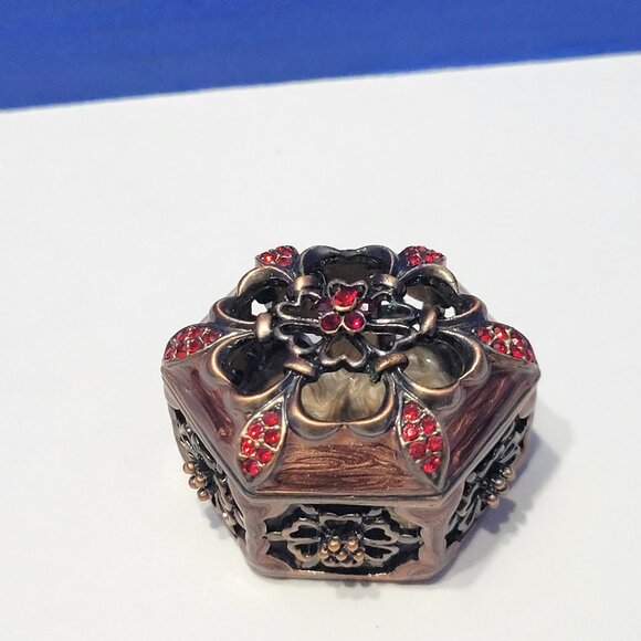 Vintage Hexagon Brown Enamel Trinket Box with Rhinestone Flower - Picture 2 of 6